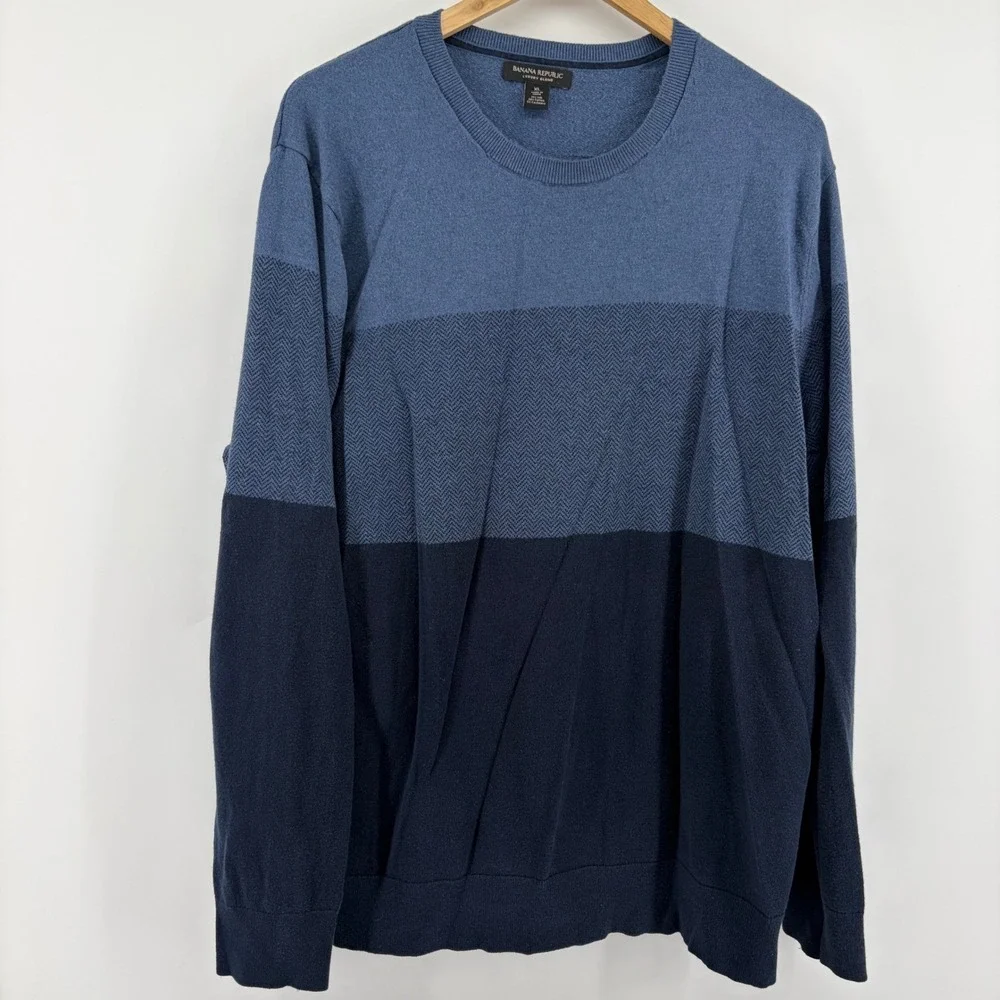 Banana Republic Men XL Luxury Blend Silk Cotton Cashmere Colorblock Sweater Blue